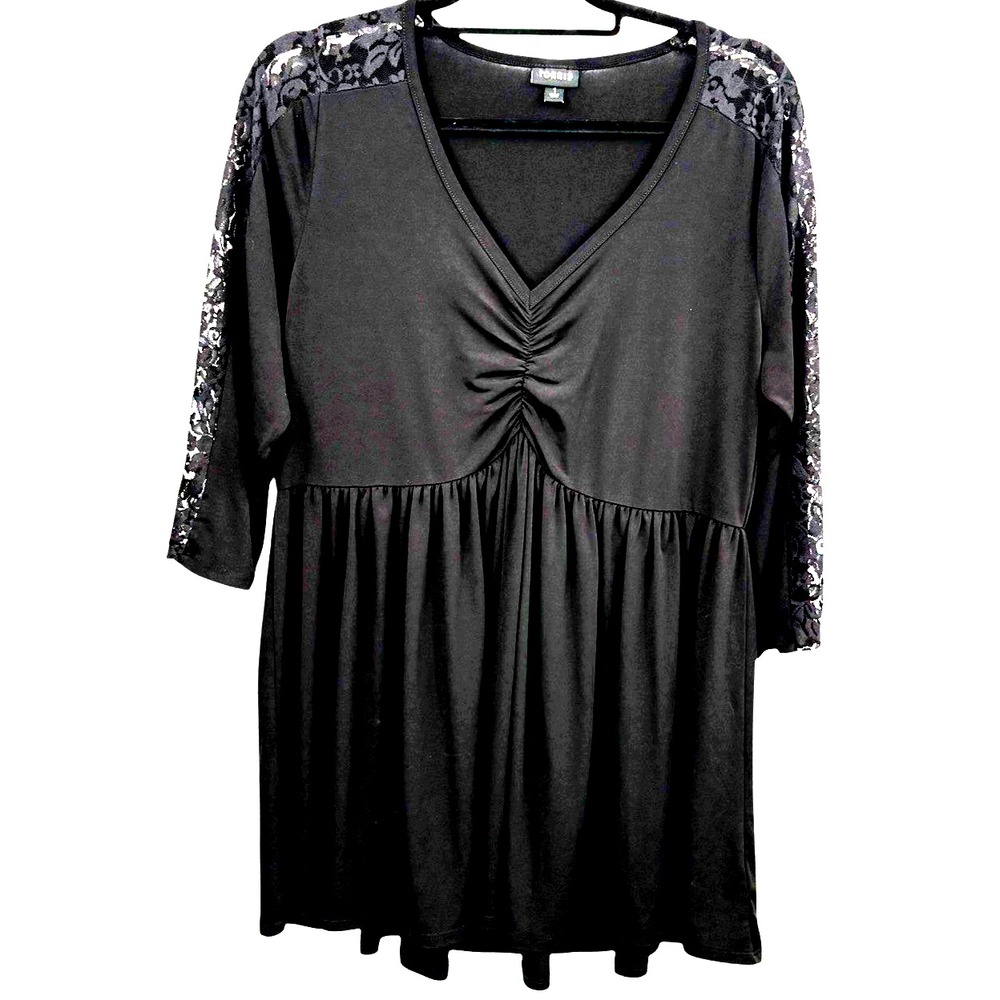 Torrid Size 1 Dress Black Lace V-Neck Ruched Front Long Sleeve Top Tunic Goth